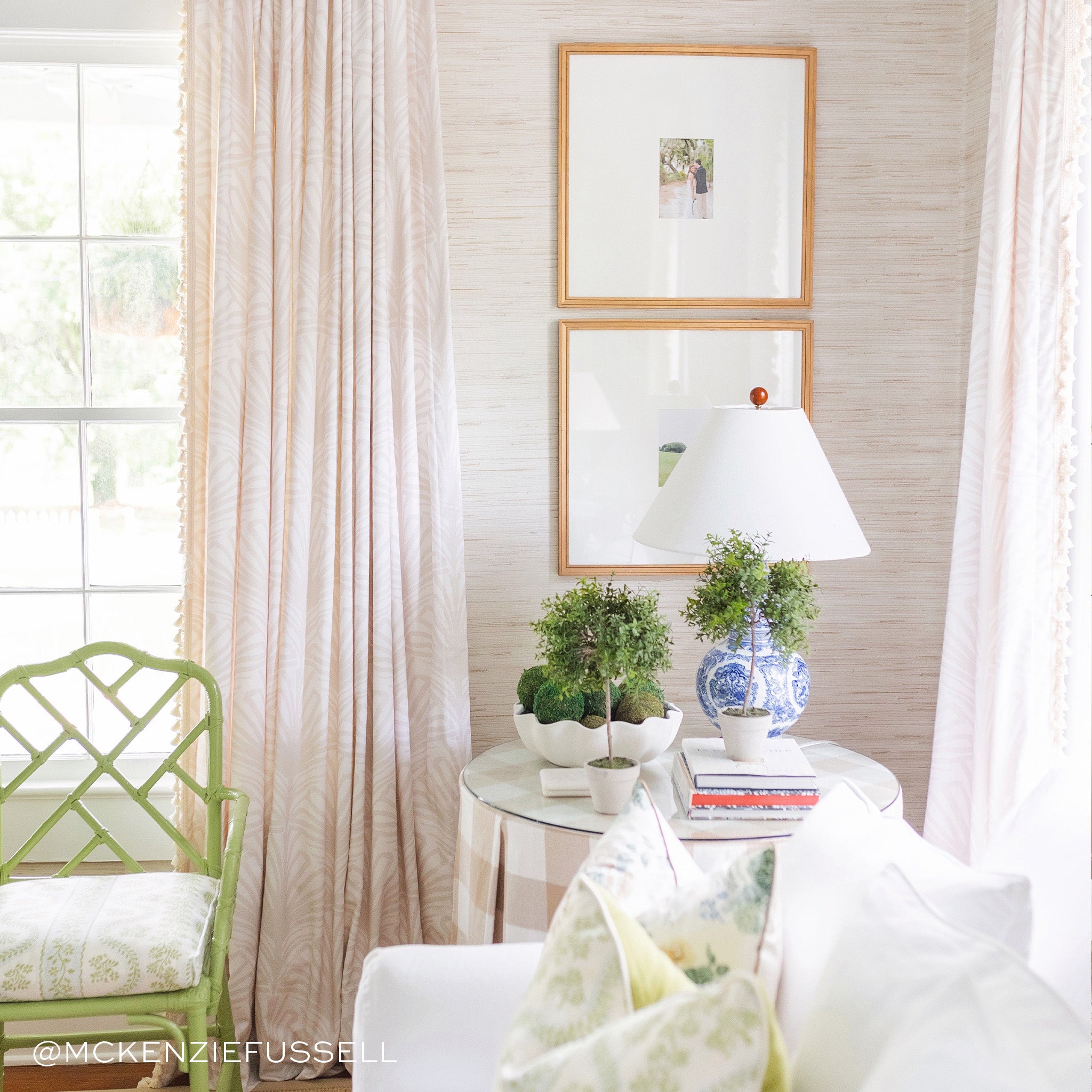 Suzy Sand made-to-order curtains in soft neutral tones with lush greenery and blue ceramic vase, made in the USA fast