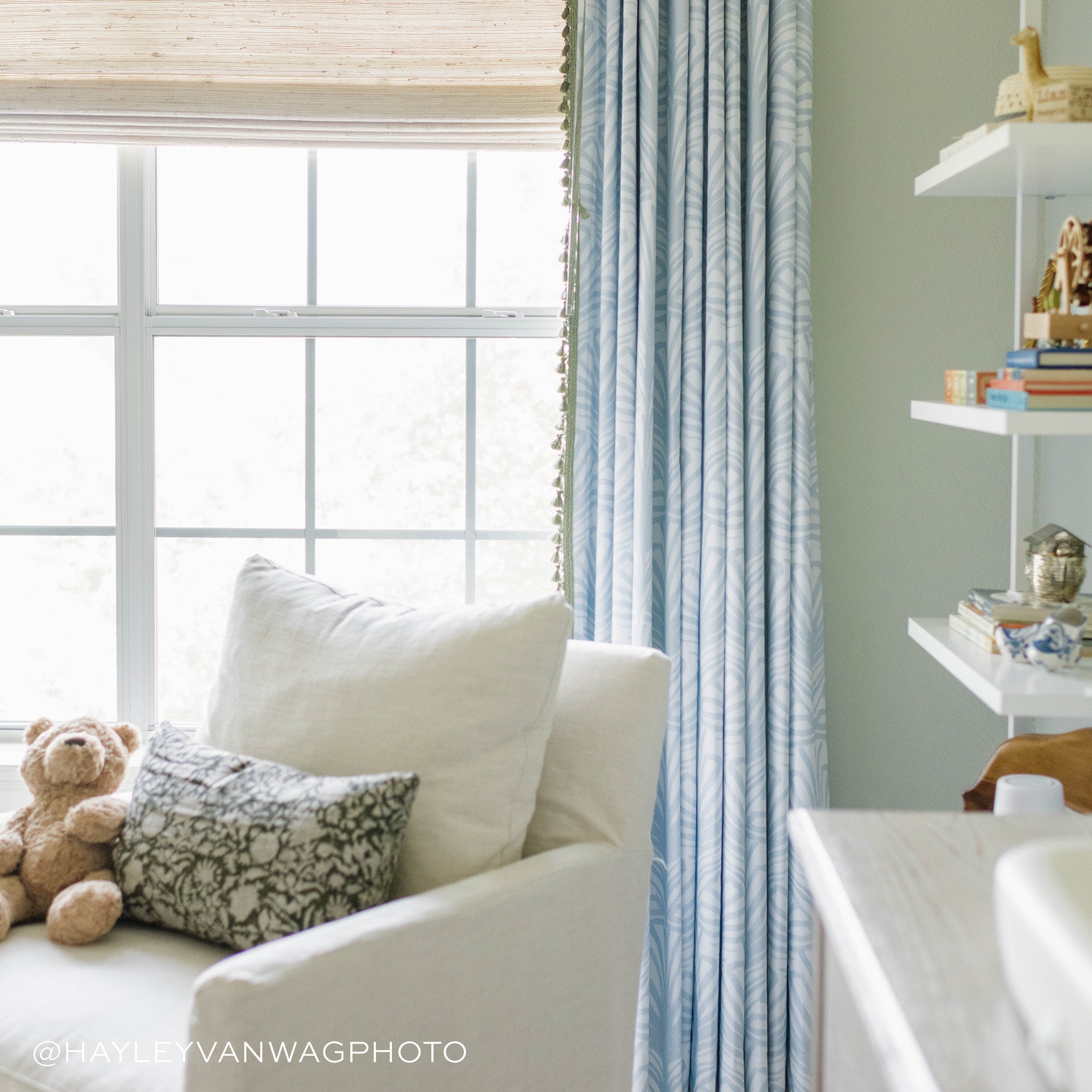 Suzy Sky made-to-order custom curtains in soft blue pattern, manufactured in the USA with fast, quality service