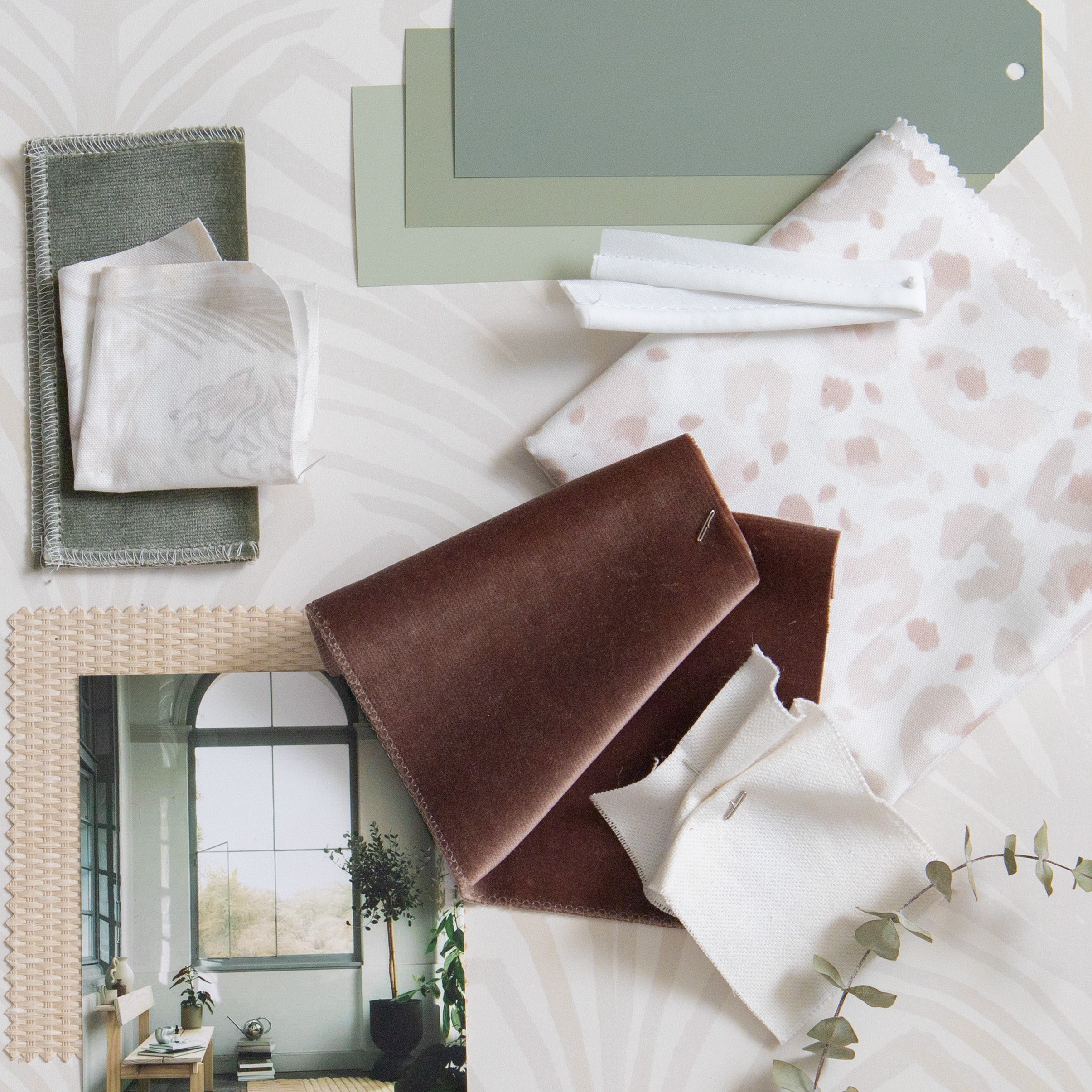 Flour made-to-order fabric and design swatches in soft neutrals and warm tones, manufactured in the USA with fast lead times