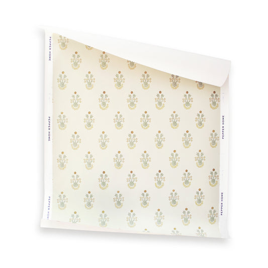 Lucie Chamomile wallpaper with delicate floral motifs on soft cream background, made-to-order, fast turnaround, USA quality design
