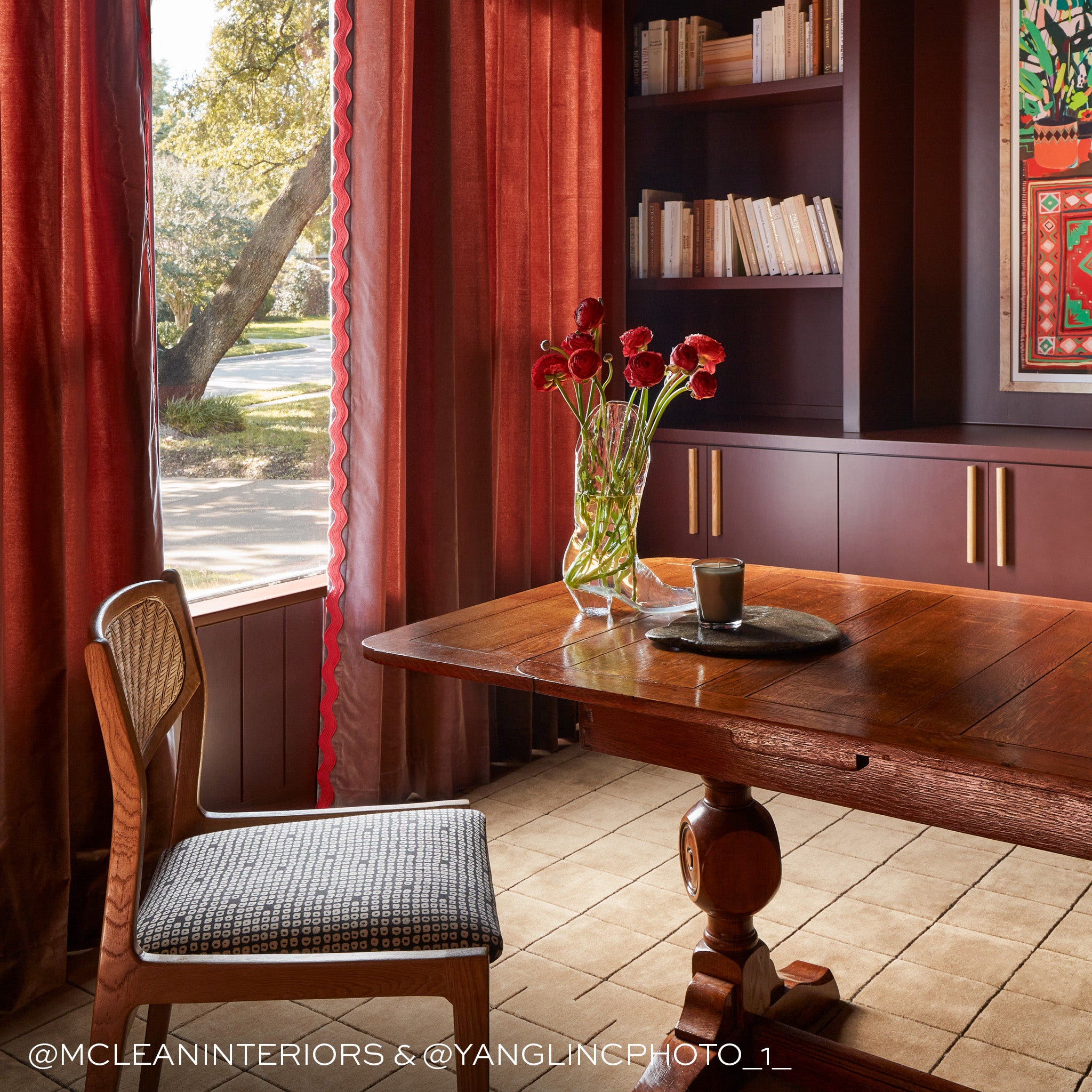 Walnut made-to-order curtains and furniture with rich red velvet accents, crafted in the USA with fast delivery and quality design