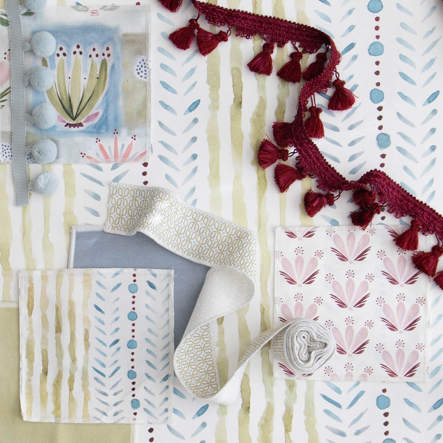 Serena Pink fabric swatches and trim with floral and abstract patterns, made-to-order in the USA with short lead times
