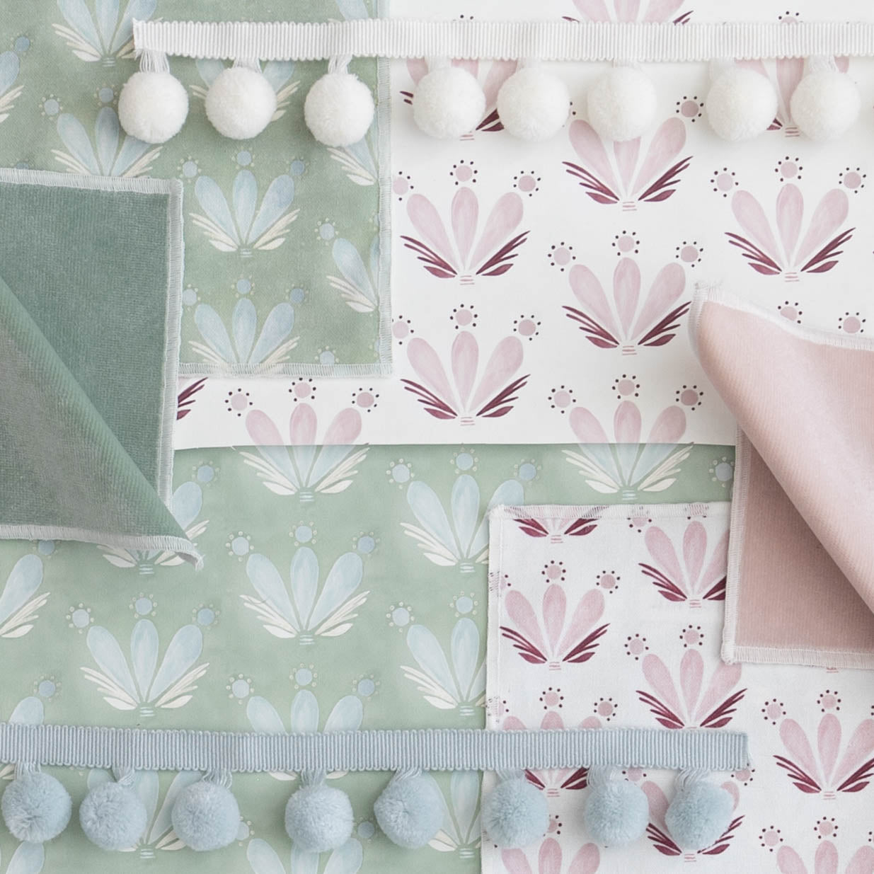 Serena Sea Salt made-to-order fabric with soft green and pink floral patterns, manufactured in the USA with short lead times