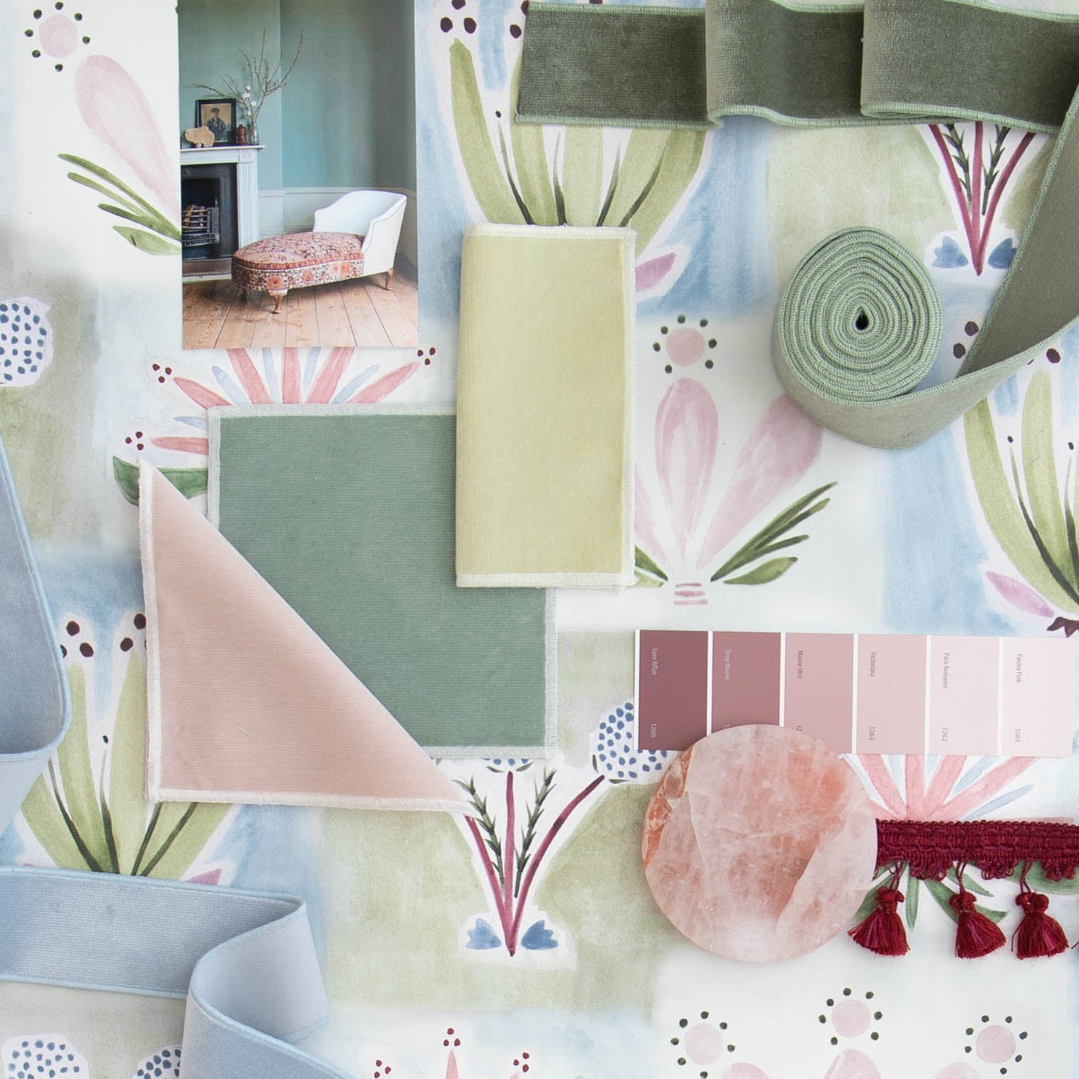 Rose made-to-order fabric swatches and trims in soft pastels, crafted in the USA with fast turnaround and quality design