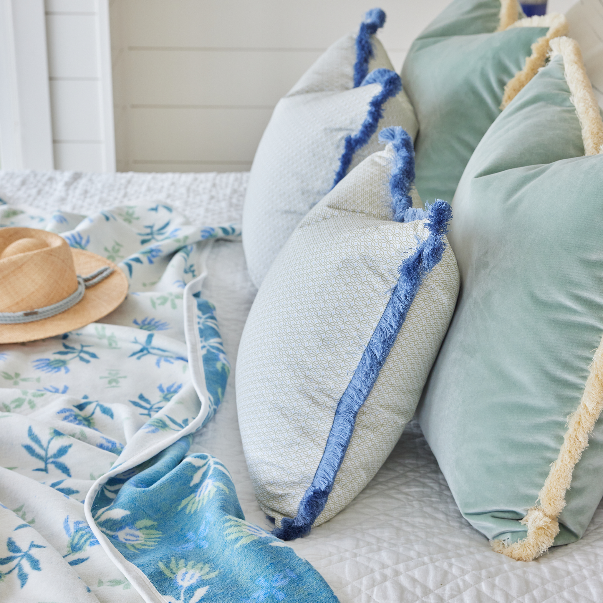 Loomi Moss decorative pillows with blue and green accents, made-to-order in the USA with short lead times and quality fabric
