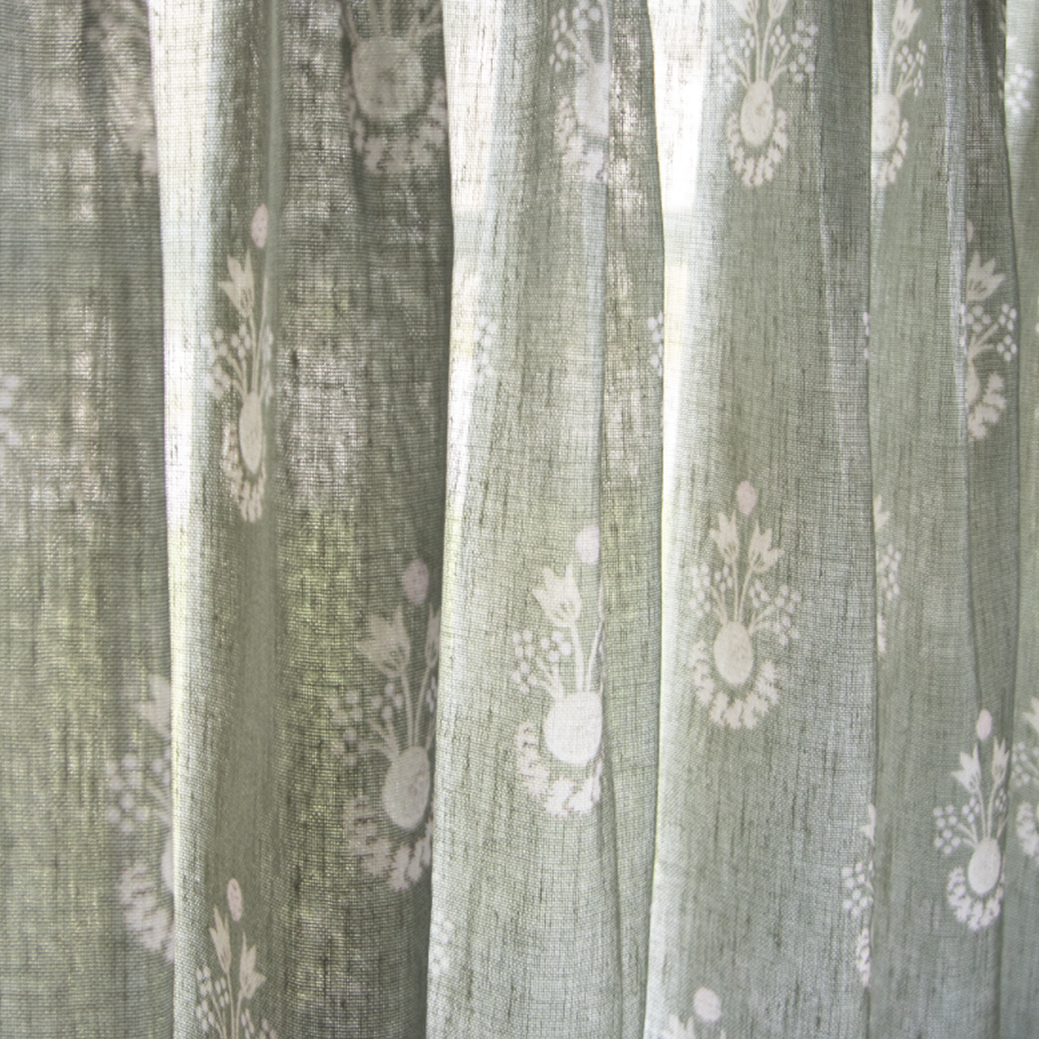 Lucie Olive sheer fabric with soft white floral motifs on muted green, made-to-order, short lead times, manufactured in the USA quality