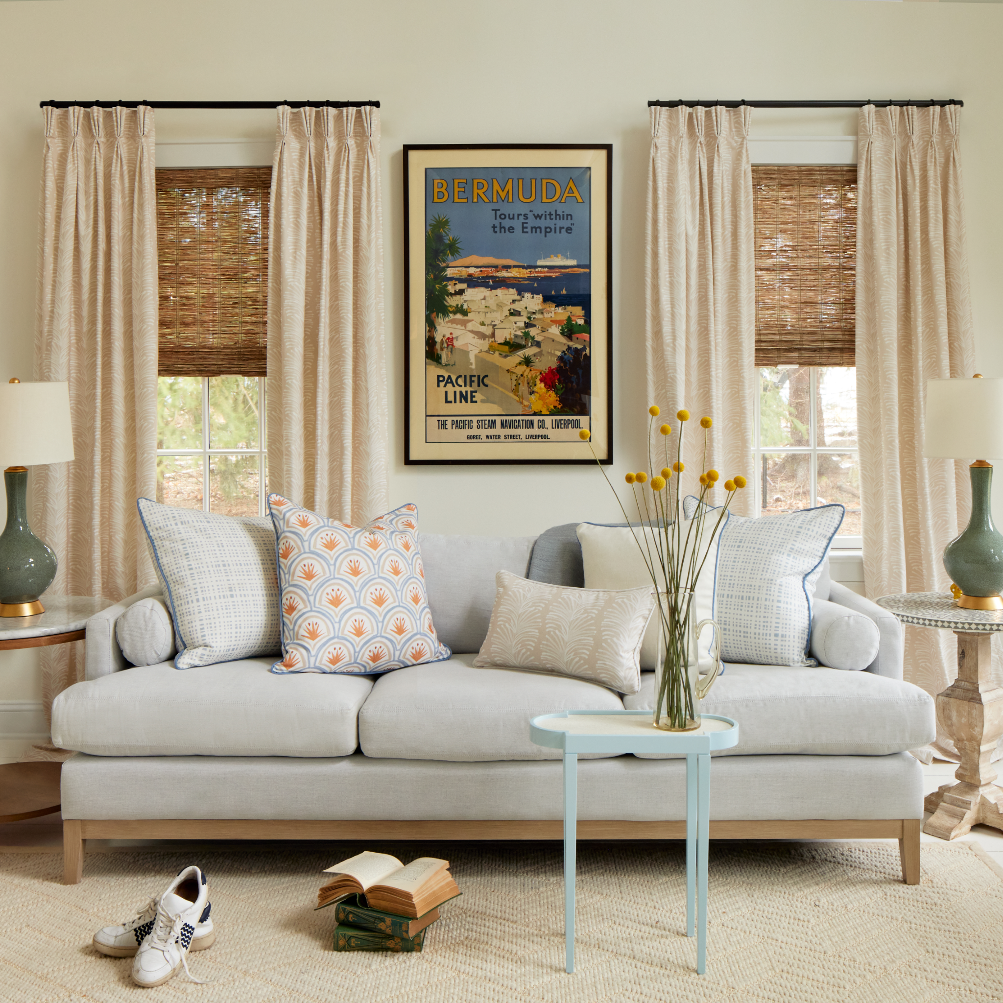 Emma Sand curtains in soft beige with subtle texture, made-to-order with short lead times and quality craftsmanship in the USA