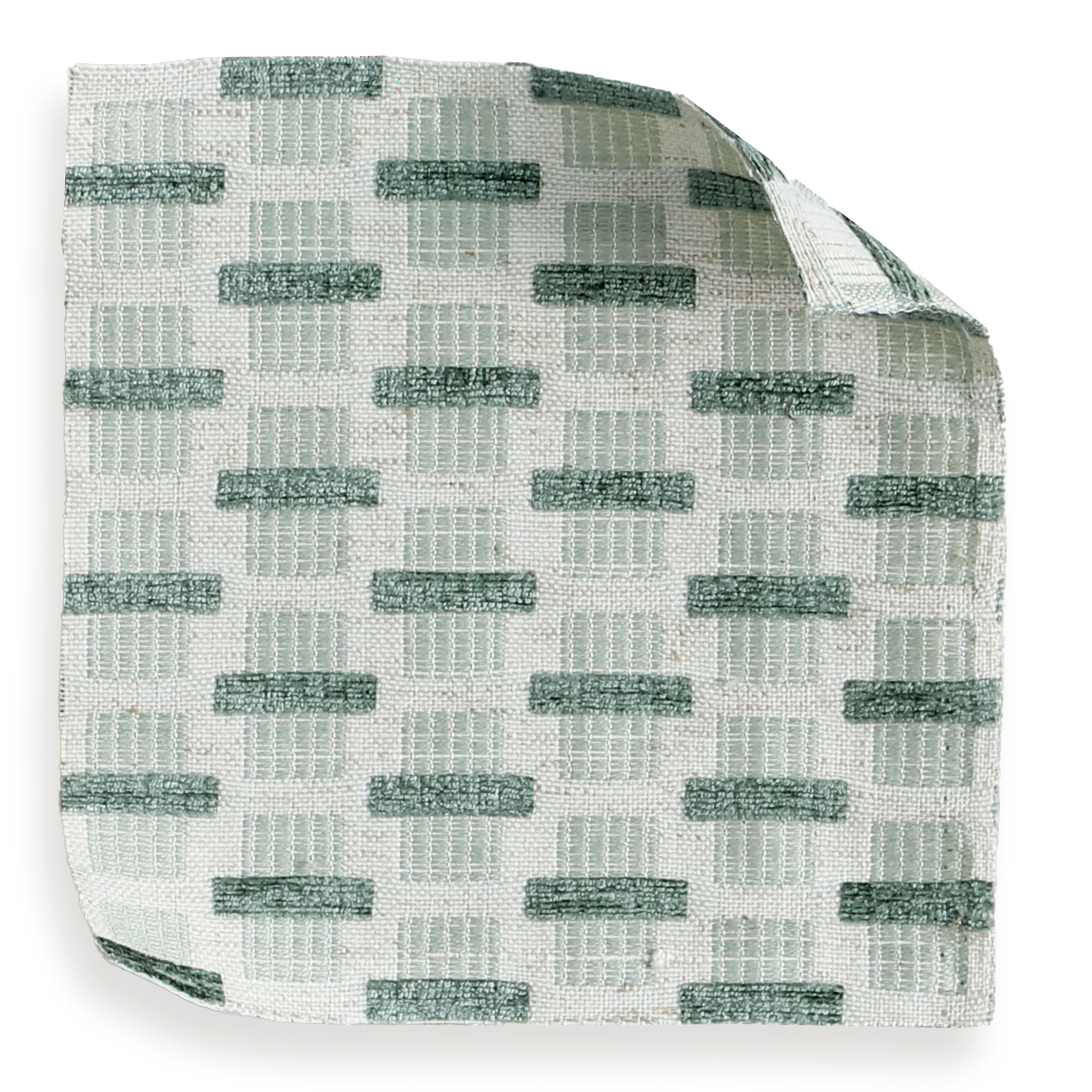 Willow Mint fabric sample showing subtle geometric pattern in soft chenille jacquard perfect for custom home decor.