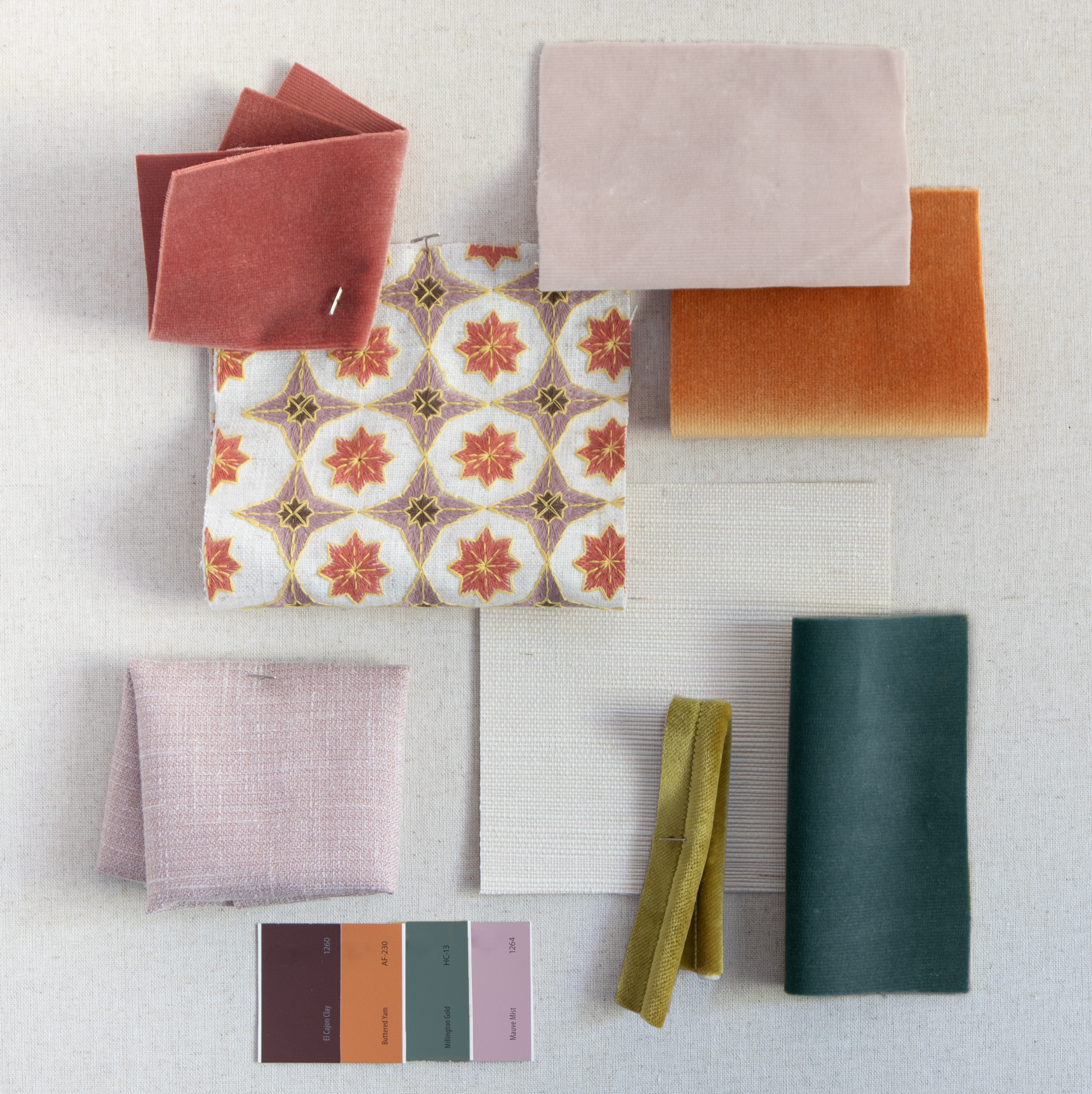 Autumn fabric swatches by Pepper Home featuring rich orange velvet perfect for custom made-to-order curtains and upholstery.