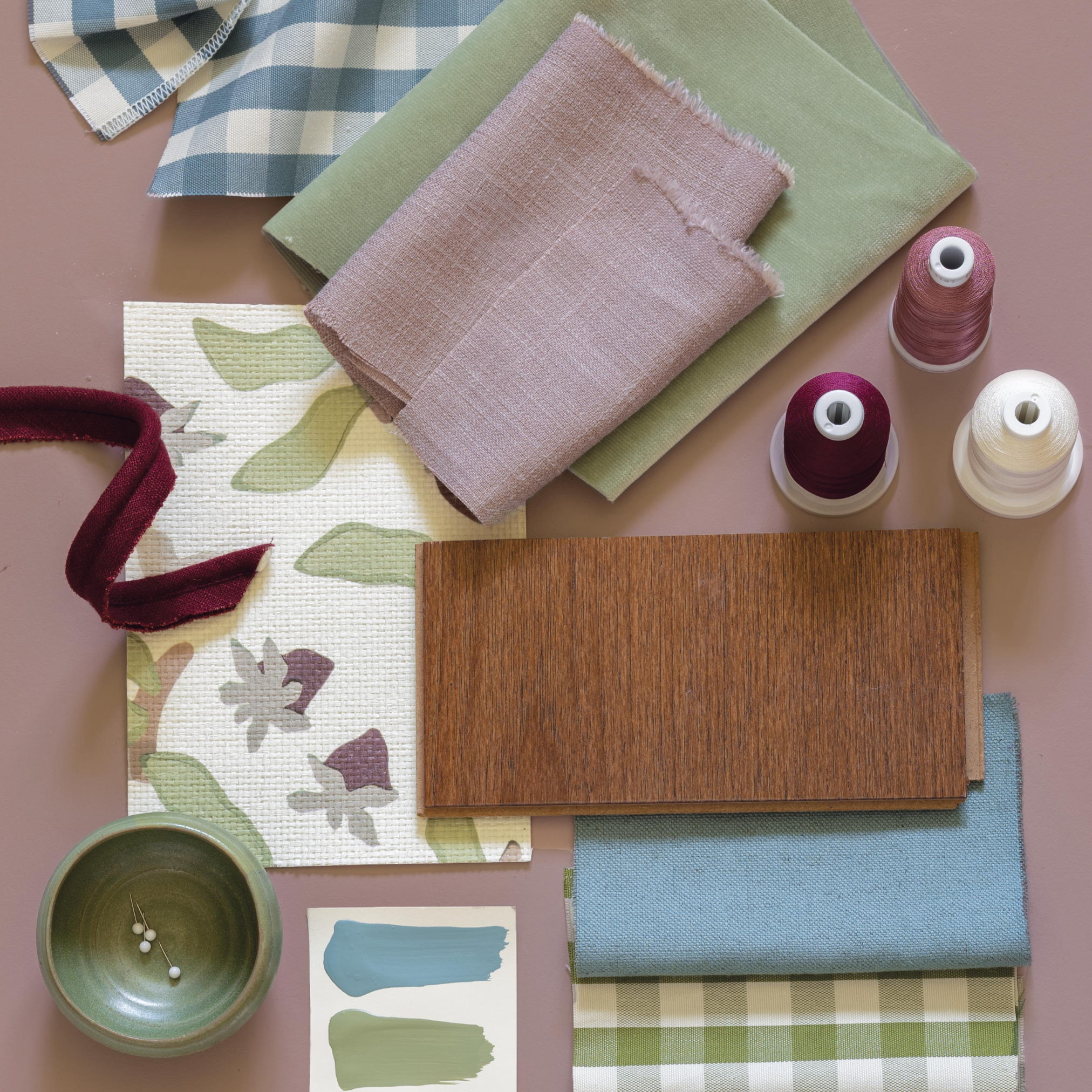 Millie Harbor fabric swatches and materials layout showcasing crisp blue gingham for custom Pepper Home curtains design.
