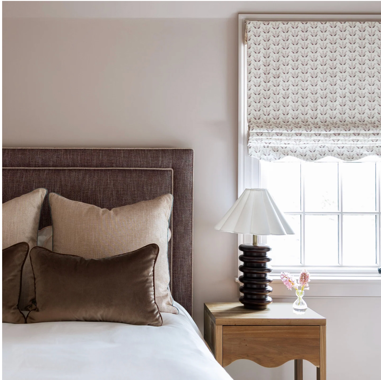 FEATURED: Delaney Bed in Burgundy / Dahlia & Walnut Velvet Pillows / Serena Pink Yardage