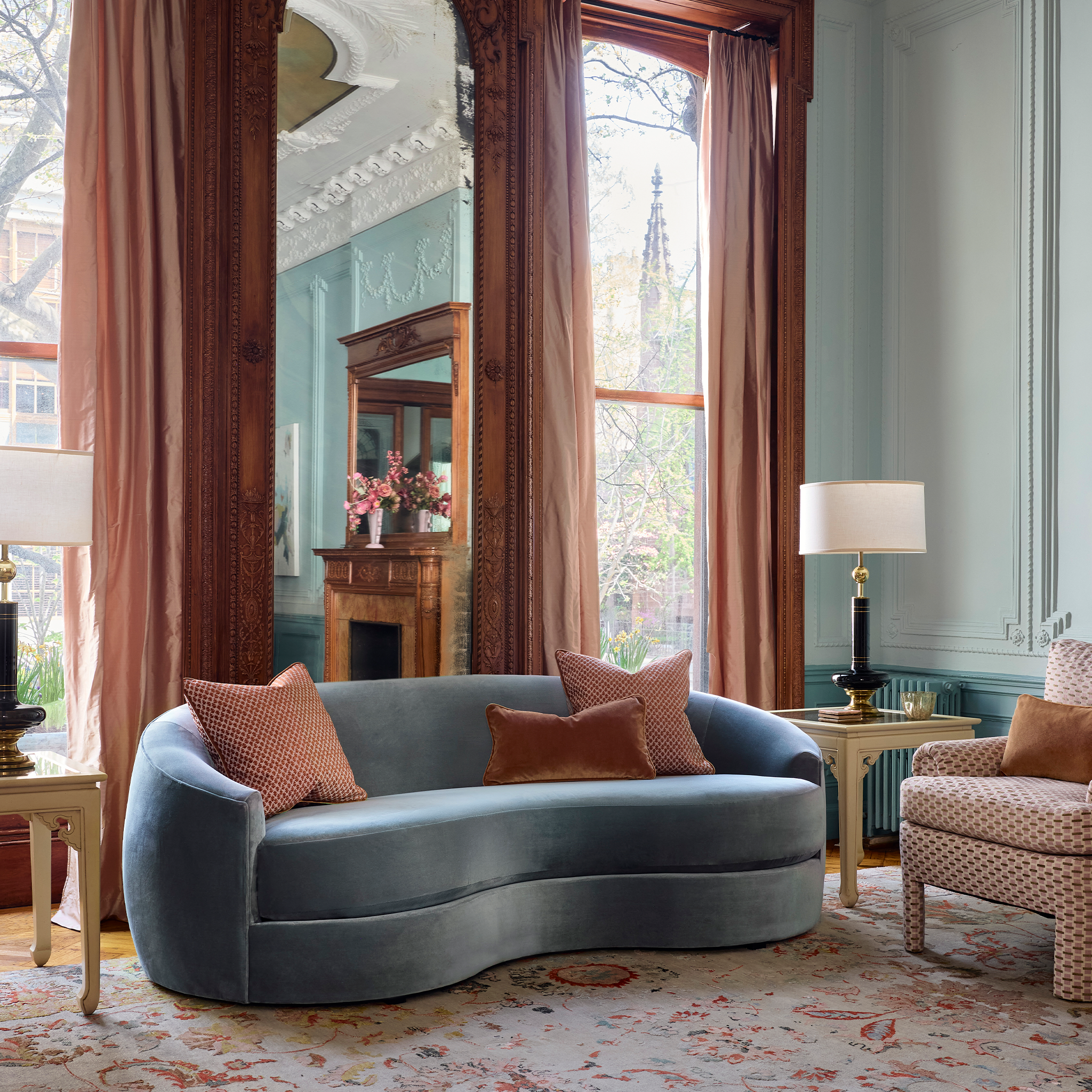 FEATURED: Simone Sofa in Baltic Velvet / Blush Curtains / Quinn Ginger & Honey Pillows / Willow Orchid Fabric